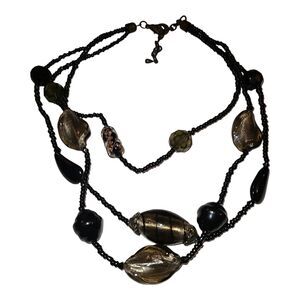 Black & Gold Tone Lampwork Art Glass Bead Multi-strand‎ Necklace 13"-16"